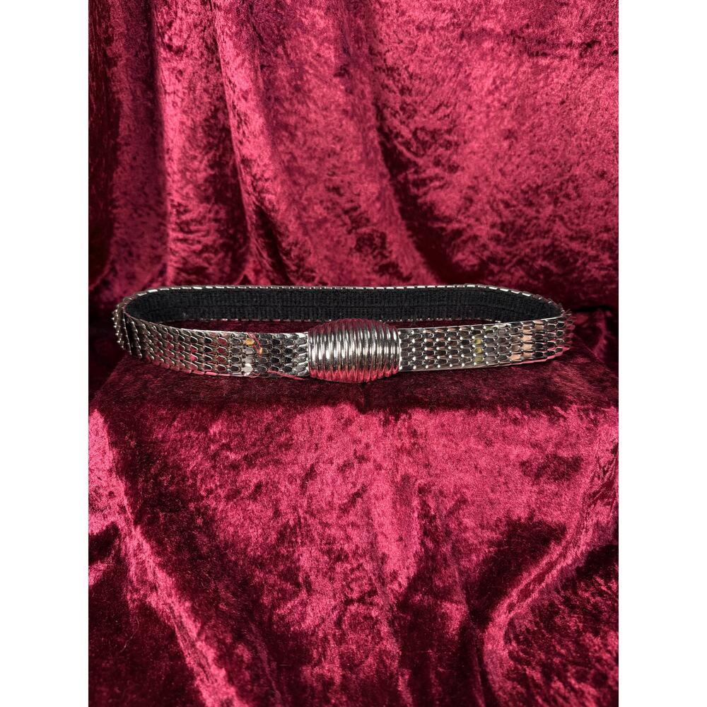 Vintage Metal Stretch Waist Belt Silver Tone Fish Scale with Ornate Belt Buckle